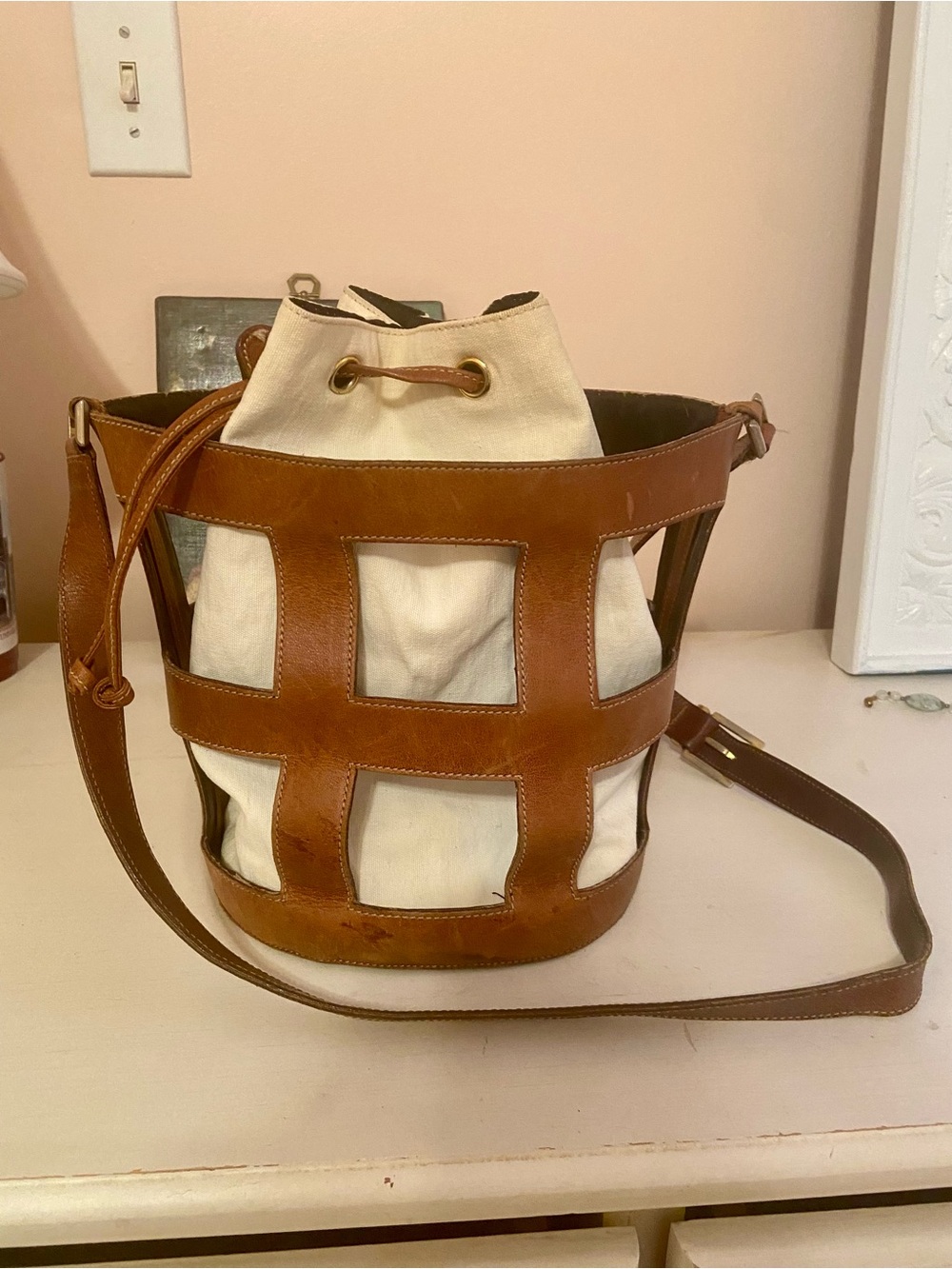 Vintage Rare Ferragamo Leather and Canvas Cage Purse Removable Bucket Bag